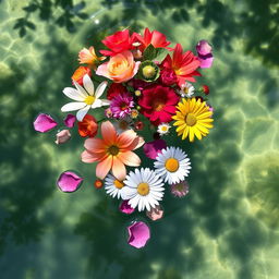 A beautiful arrangement of vibrant flowers delicately floating on the surface of clear water