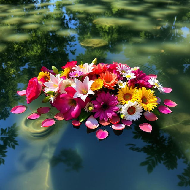 A beautiful arrangement of vibrant flowers delicately floating on the surface of clear water