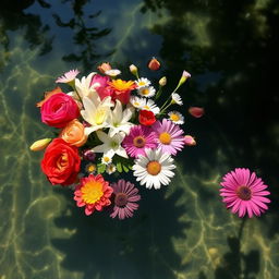 A beautiful arrangement of vibrant flowers delicately floating on the surface of clear water