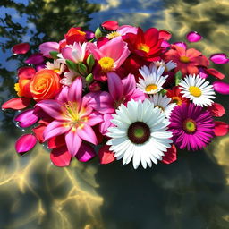 A beautiful arrangement of vibrant flowers delicately floating on the surface of clear water
