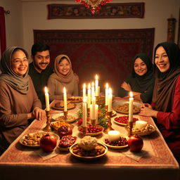 Create a warm and inviting scene representing the traditional Yalda Night celebration in an Iranian religious family setting