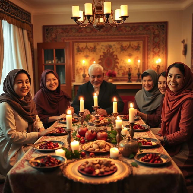 Create a warm and inviting scene representing the traditional Yalda Night celebration in an Iranian religious family setting