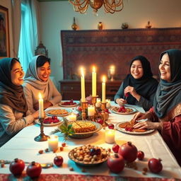 Create a warm and inviting scene representing the traditional Yalda Night celebration in an Iranian religious family setting