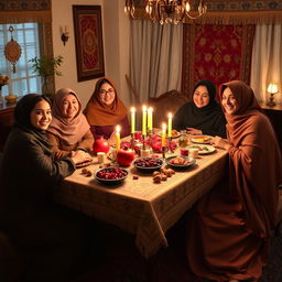 Create a warm and inviting scene representing the traditional Yalda Night celebration in an Iranian religious family setting