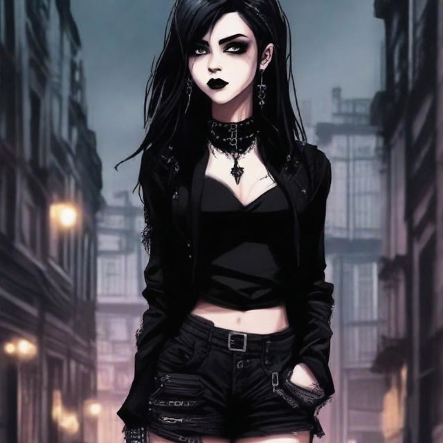 A digital art piece showcasing a goth girl in a stylish and provocative outfit