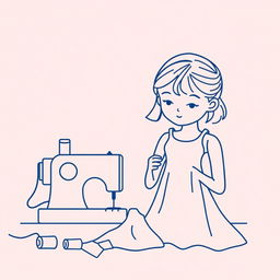 A minimalist line art illustration of a girl sewing a dress using a sewing machine