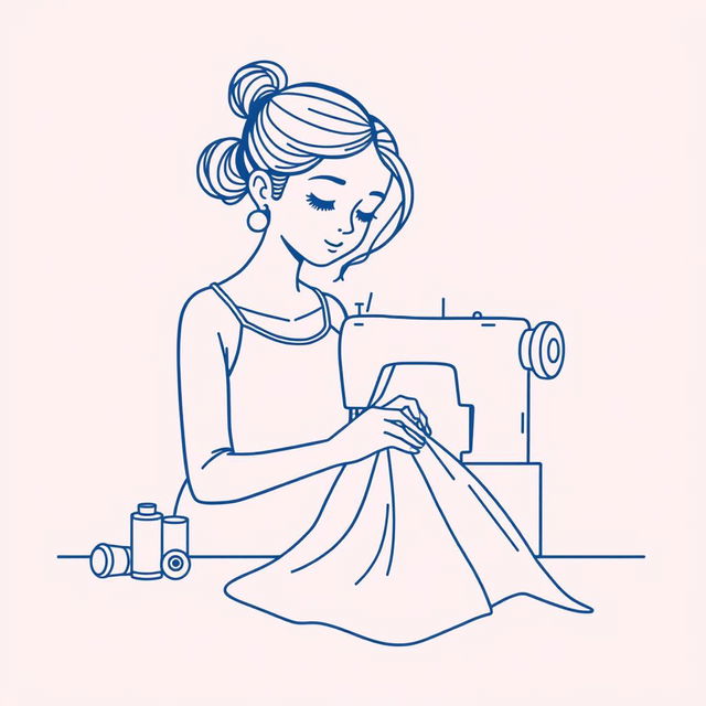 A minimalist line art illustration of a girl sewing a dress using a sewing machine