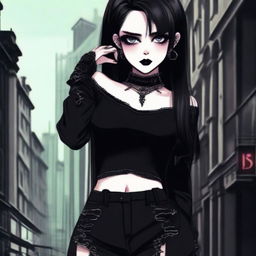 A digital art piece showcasing a goth girl in a stylish and provocative outfit