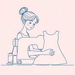 A minimalist line art illustration of a girl sewing a dress using a sewing machine