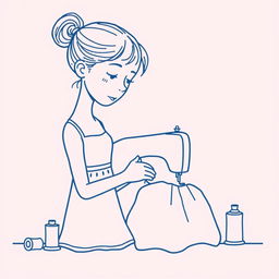 A minimalist line art illustration of a girl sewing a dress using a sewing machine
