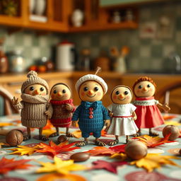 A whimsical scene featuring various types of nuts, such as walnuts, almonds, and hazelnuts, each dressed in adorable and colorful clothing
