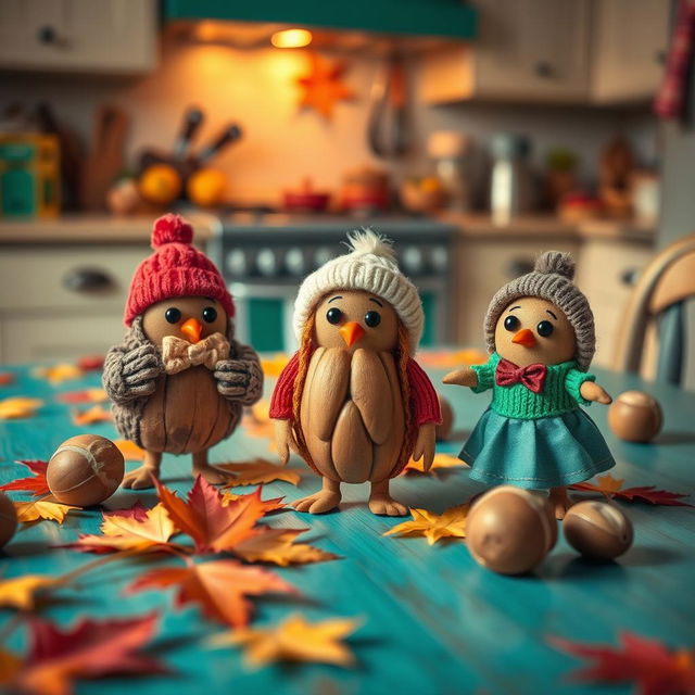 A whimsical scene featuring various types of nuts, such as walnuts, almonds, and hazelnuts, each dressed in adorable and colorful clothing