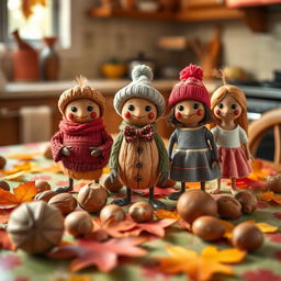 A whimsical scene featuring various types of nuts, such as walnuts, almonds, and hazelnuts, each dressed in adorable and colorful clothing