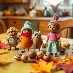 A whimsical scene featuring various types of nuts, such as walnuts, almonds, and hazelnuts, each dressed in adorable and colorful clothing