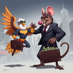 A dynamic 2D cartoon illustration showcasing a superhero in a striking eagle costume, complete with vibrant feathers and an empowering stance, battling a giant rat dressed in a sleek business suit