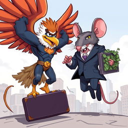 A dynamic 2D cartoon illustration showcasing a superhero in a striking eagle costume, complete with vibrant feathers and an empowering stance, battling a giant rat dressed in a sleek business suit