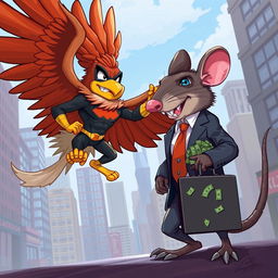 A dynamic 2D cartoon illustration showcasing a superhero in a striking eagle costume, complete with vibrant feathers and an empowering stance, battling a giant rat dressed in a sleek business suit