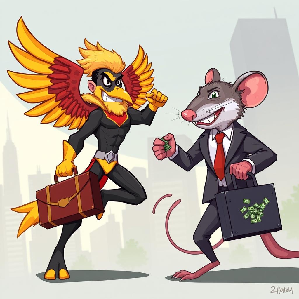 A dynamic 2D cartoon illustration showcasing a superhero in a striking eagle costume, complete with vibrant feathers and an empowering stance, battling a giant rat dressed in a sleek business suit