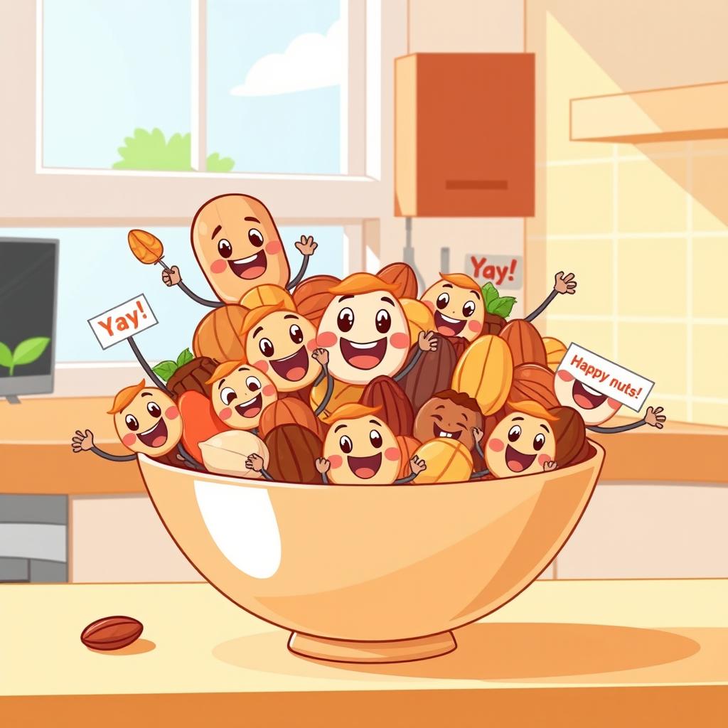 A cartoon-style illustration of a bowl overflowing with various cartoon nuts, such as happy walnuts, cheerful almonds, and playful pecans, all displaying big smiles and joyful expressions
