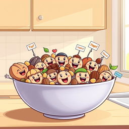 A cartoon-style illustration of a bowl overflowing with various cartoon nuts, such as happy walnuts, cheerful almonds, and playful pecans, all displaying big smiles and joyful expressions
