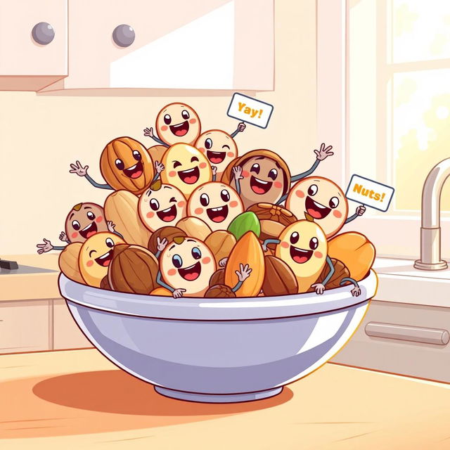 A cartoon-style illustration of a bowl overflowing with various cartoon nuts, such as happy walnuts, cheerful almonds, and playful pecans, all displaying big smiles and joyful expressions