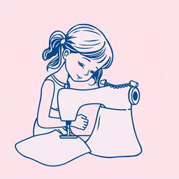 A dark blue line art icon depicting a girl sewing a dress using a sewing machine