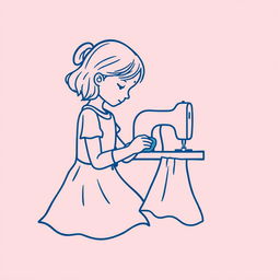 A dark blue line art icon depicting a girl sewing a dress using a sewing machine