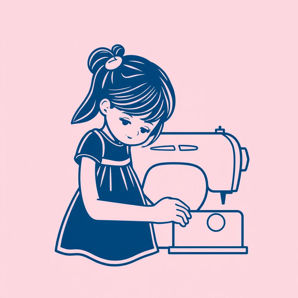 A dark blue line art icon depicting a girl sewing a dress using a sewing machine