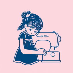 A dark blue line art icon depicting a girl sewing a dress using a sewing machine