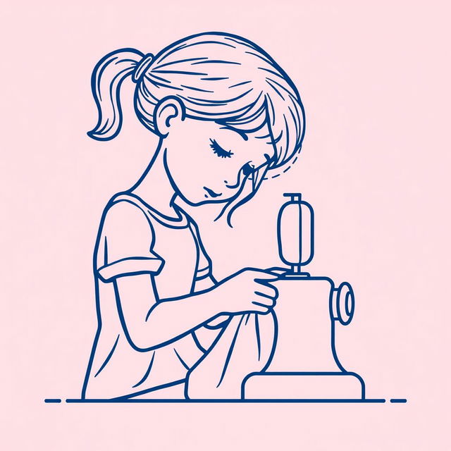 A dark blue line art icon depicting a girl sewing a dress using a sewing machine