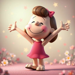 A vibrant 3D illustration of a Peanuts character, Juliet, with her arms joyfully spread wide
