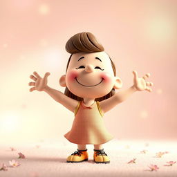 A vibrant 3D illustration of a Peanuts character, Juliet, with her arms joyfully spread wide