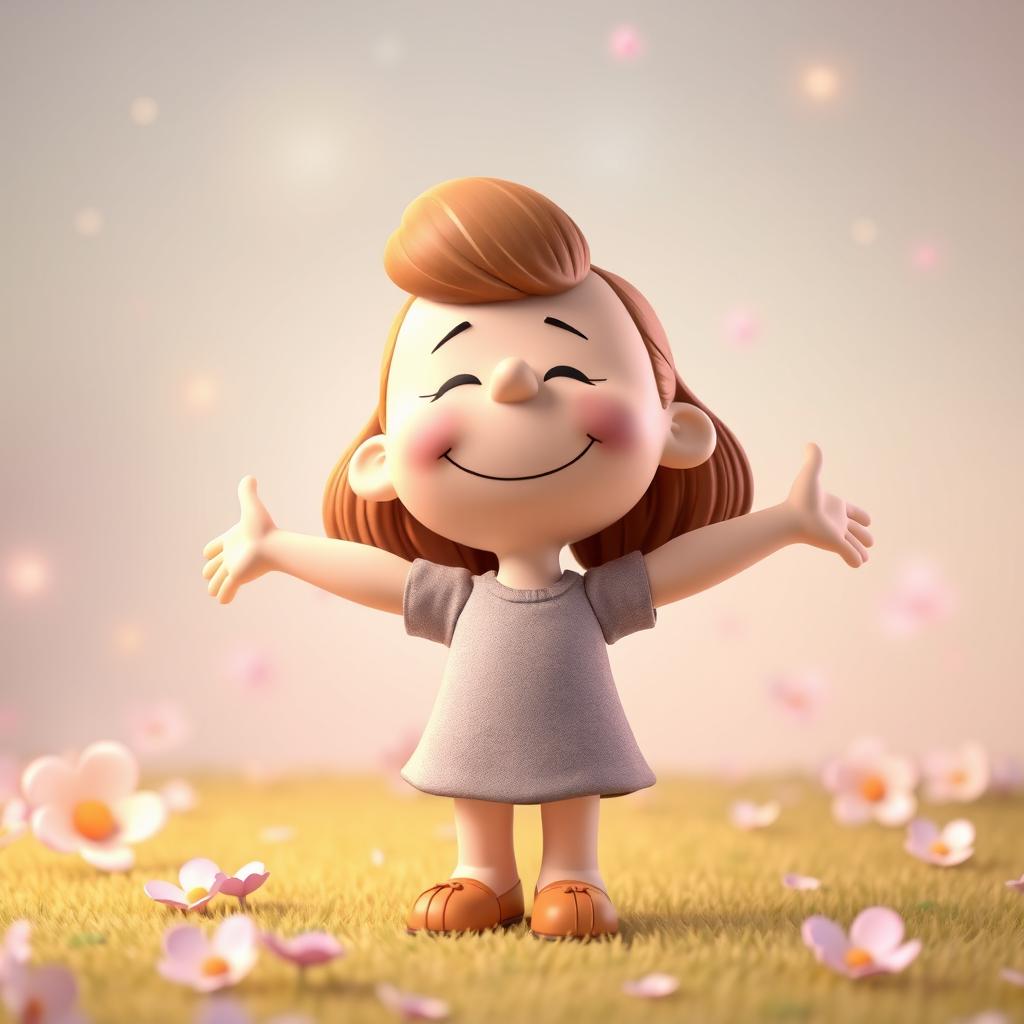 A vibrant 3D illustration of a Peanuts character, Juliet, with her arms joyfully spread wide