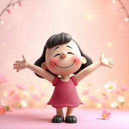 A vibrant 3D illustration of a Peanuts character, Juliet, with her arms joyfully spread wide