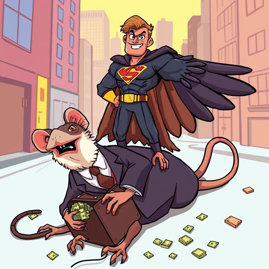 A bold 2D cartoon illustration featuring a superhero in a striking eagle costume, standing triumphantly on the defeated corpse of a giant rat dressed in a slick business suit, which is still clutching a suitcase overflowing with money