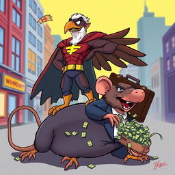 A bold 2D cartoon illustration featuring a superhero in a striking eagle costume, standing triumphantly on the defeated corpse of a giant rat dressed in a slick business suit, which is still clutching a suitcase overflowing with money