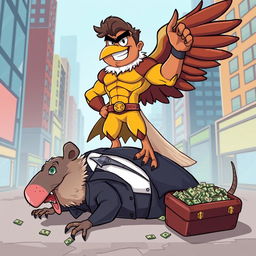 A bold 2D cartoon illustration featuring a superhero in a striking eagle costume, standing triumphantly on the defeated corpse of a giant rat dressed in a slick business suit, which is still clutching a suitcase overflowing with money