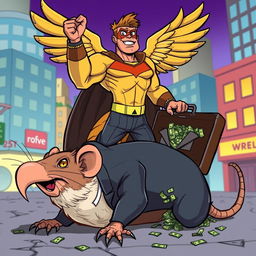 A bold 2D cartoon illustration featuring a superhero in a striking eagle costume, standing triumphantly on the defeated corpse of a giant rat dressed in a slick business suit, which is still clutching a suitcase overflowing with money