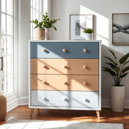 A beautifully designed contemporary room showcasing a stylish dresser or drawer unit