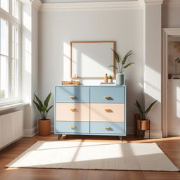 A beautifully designed contemporary room showcasing a stylish dresser or drawer unit