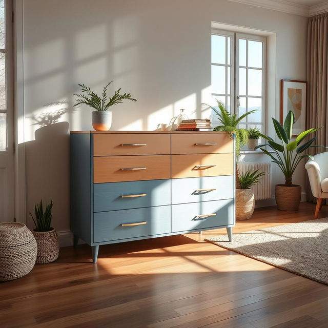 A beautifully designed contemporary room showcasing a stylish dresser or drawer unit