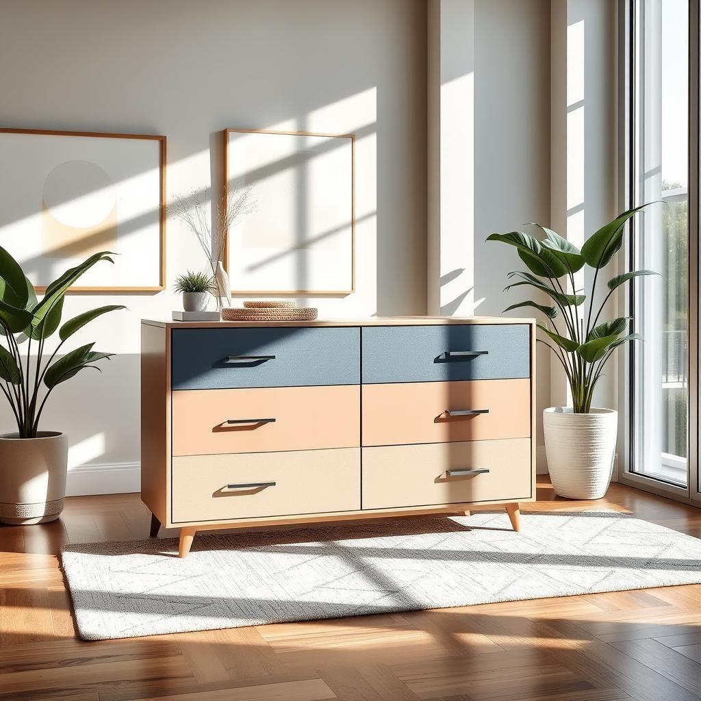 A beautifully designed contemporary room showcasing a stylish dresser or drawer unit