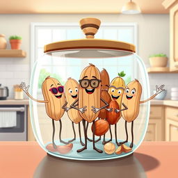 An imaginative illustration of humanoid nuts, such as walnuts and almonds, standing upright inside a large, transparent nut container