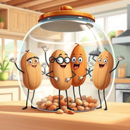 An imaginative illustration of humanoid nuts, such as walnuts and almonds, standing upright inside a large, transparent nut container