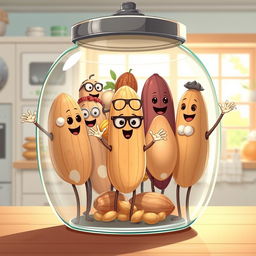 An imaginative illustration of humanoid nuts, such as walnuts and almonds, standing upright inside a large, transparent nut container
