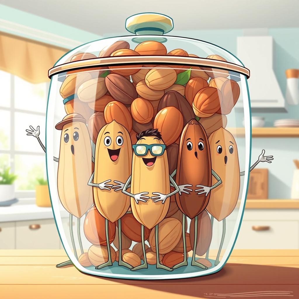 An imaginative illustration of humanoid nuts, such as walnuts and almonds, standing upright inside a large, transparent nut container