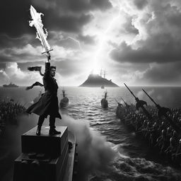 A surreal black and white photograph of a dramatic battlefield scene at sea