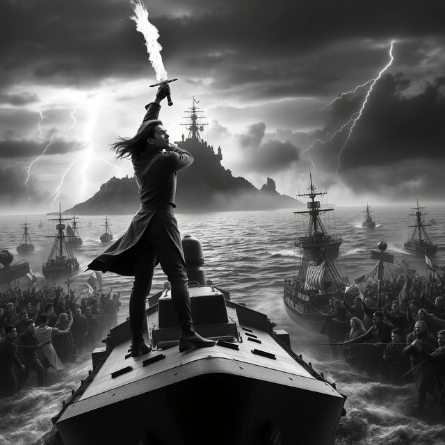 A surreal black and white photograph of a dramatic battlefield scene at sea