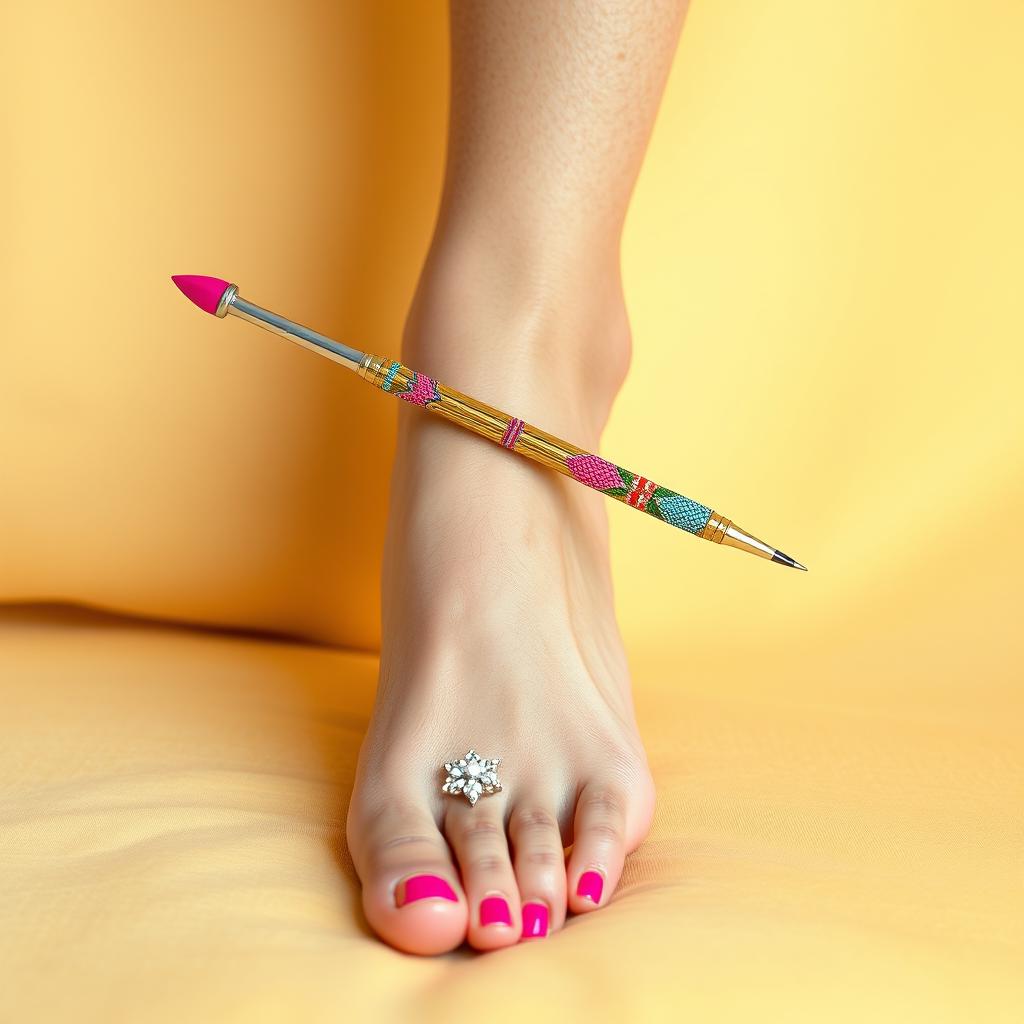 A creative concept where a large, colorful, oversized needle is humorously placed on top of an elegantly decorated foot