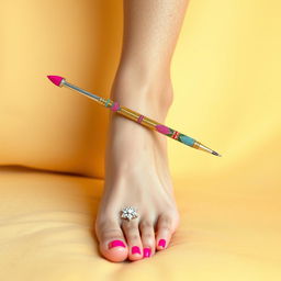 A creative concept where a large, colorful, oversized needle is humorously placed on top of an elegantly decorated foot